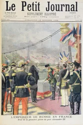 Nimisivu, joka kuvaa Venäjän keisaria Ranskassa laskemassa Pont Alexandre III:n ensimmäisen kiven, kuva Le Petit Journalin kuvitetusta liitteestä, 18. lokakuuta 1896